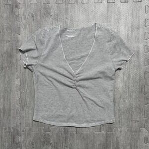 Arizona Jean Co Striped Ruched Cropped V Neck‎ T Shirt Womens Medium
